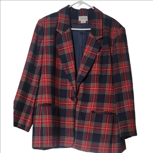 Vintage Red and Black Plaid Wool Blazer, Office, Classic, Holiday. Size 18W